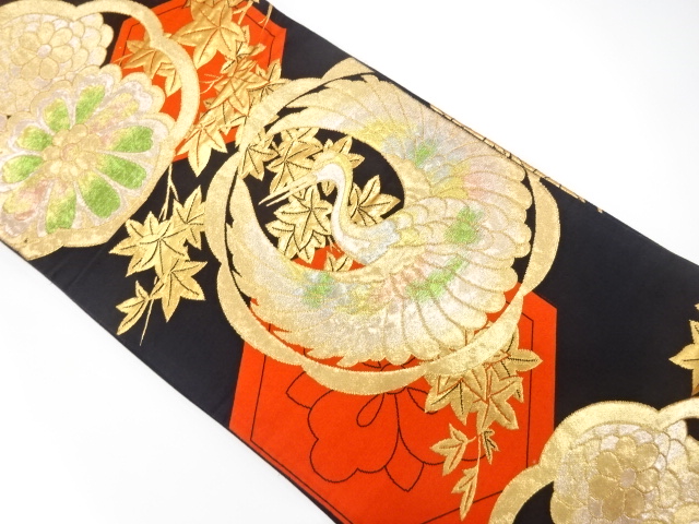 JAPANESE KIMONO / ANTIQUE FUKURO OBI / SILK / WOVEN CRANE